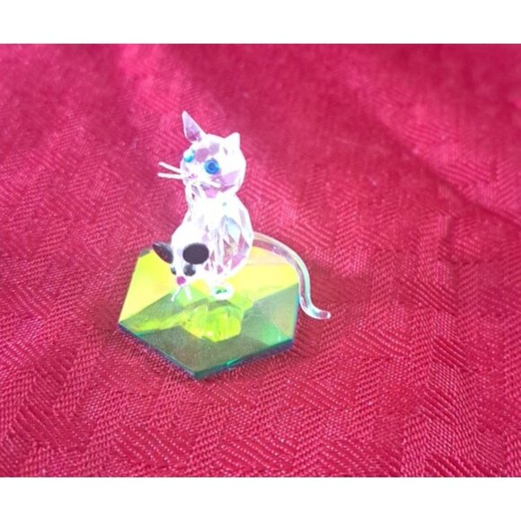 Crystal Cat With Mouse Tail in Mouth Figure Blue Eyes Black Accents Faceted - Picture 3 of 7